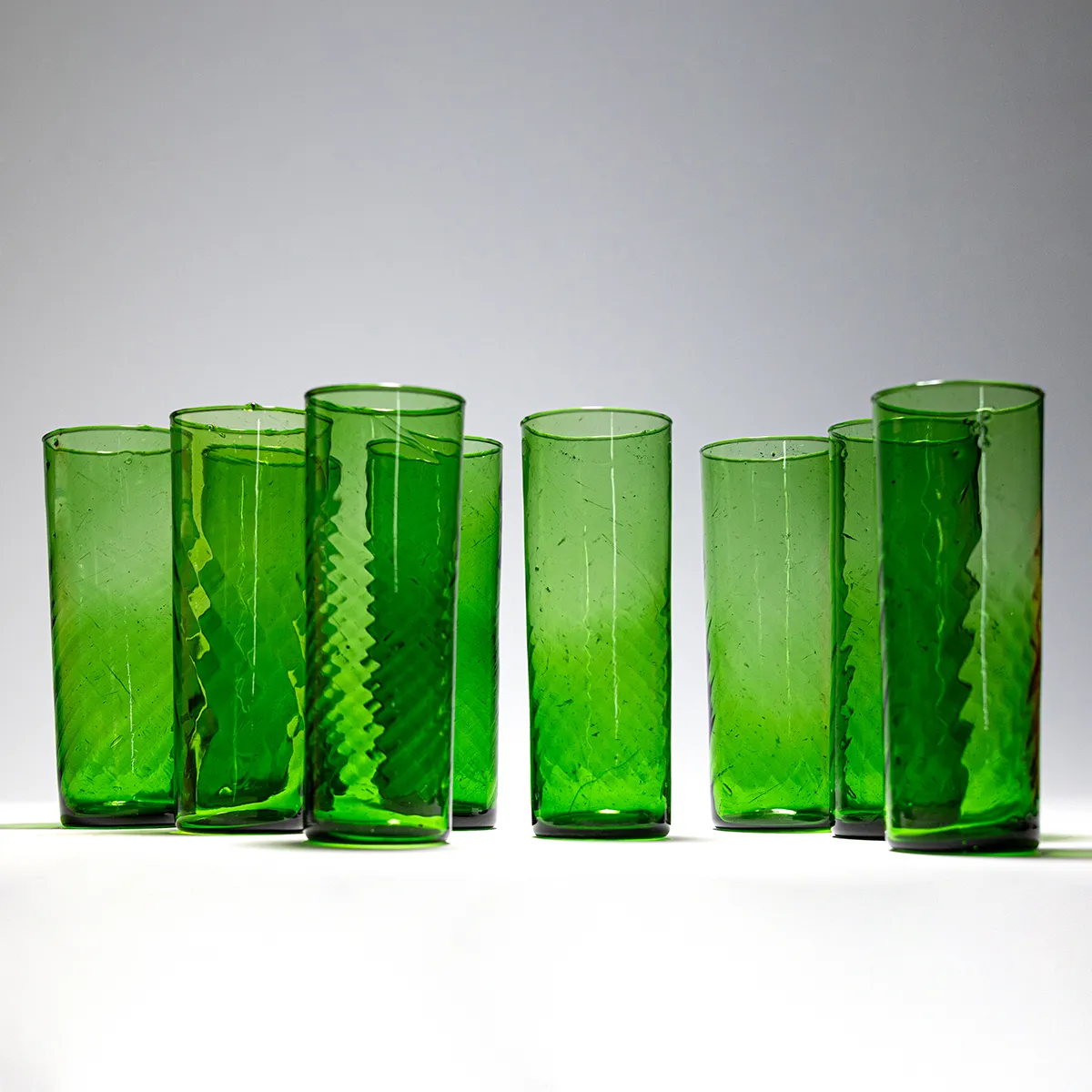 Handblown Bubble Glass, Jewel Tone Green Highball Glass, Swirrel, Spiral Pattern