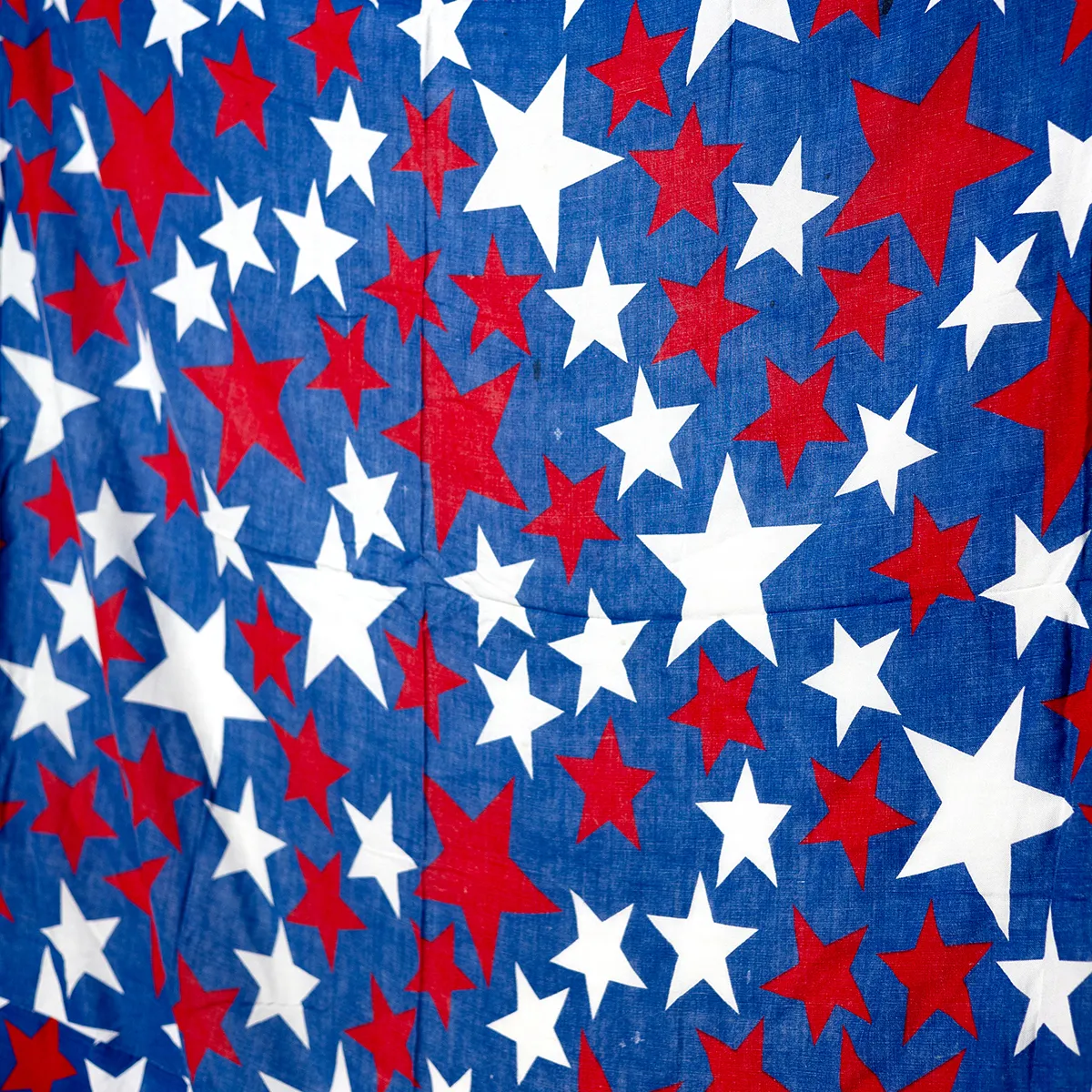 Kitchen Soft Goods: Blue Oversized Tablecloth with Red and White and Blue Stars. 4th of July Vintage Patina Bedspread - 144" x 192"