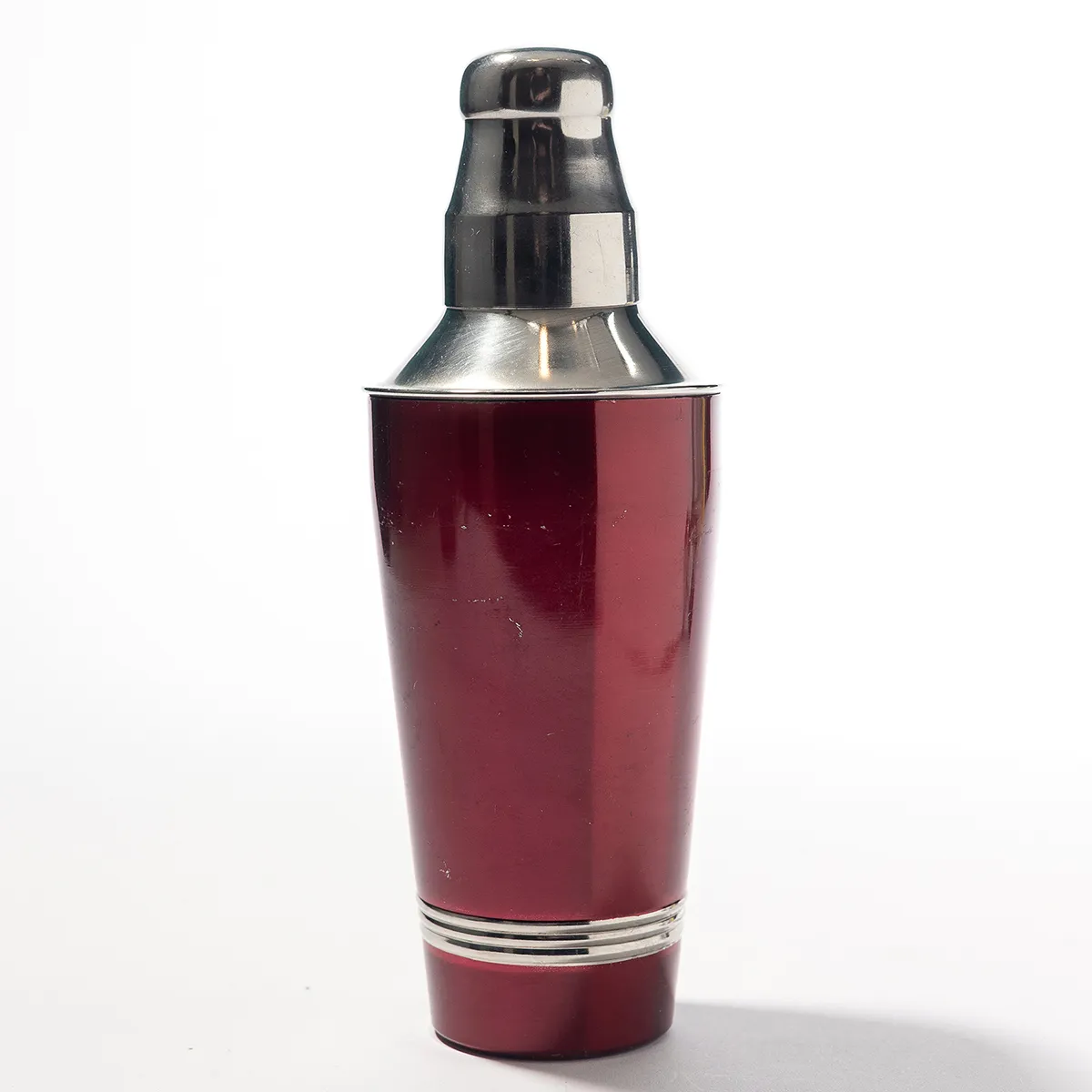 Medium Silver Cocktail Shaker with Cap Red Mid Century Modern, Vintage - 10" x 4"