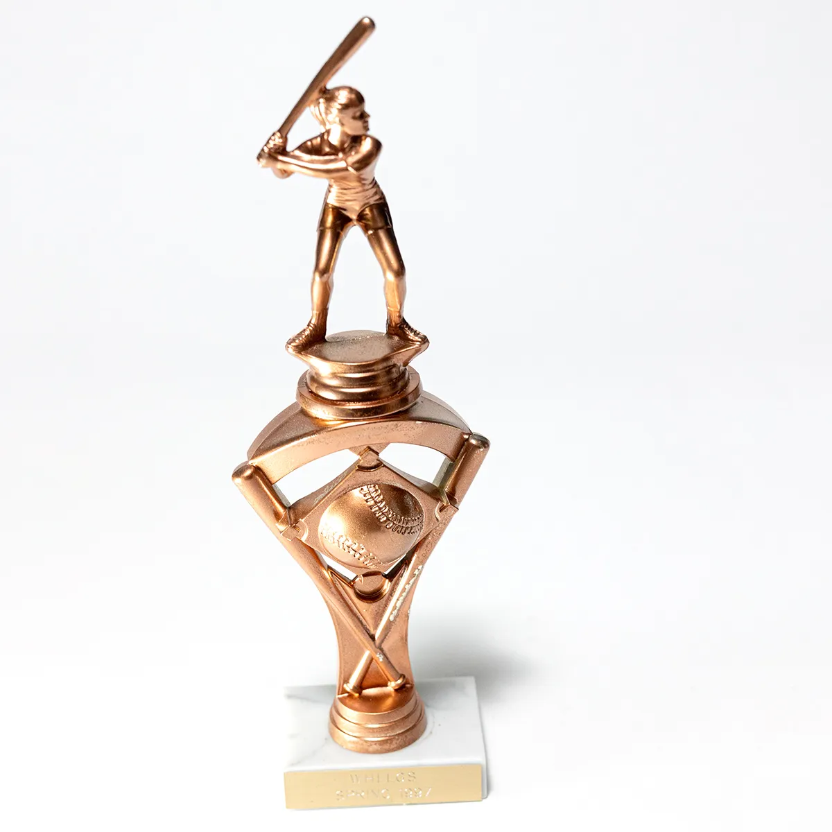 Bronze Antique Gold colored plastic Female Baseball Trophy White Marble Base