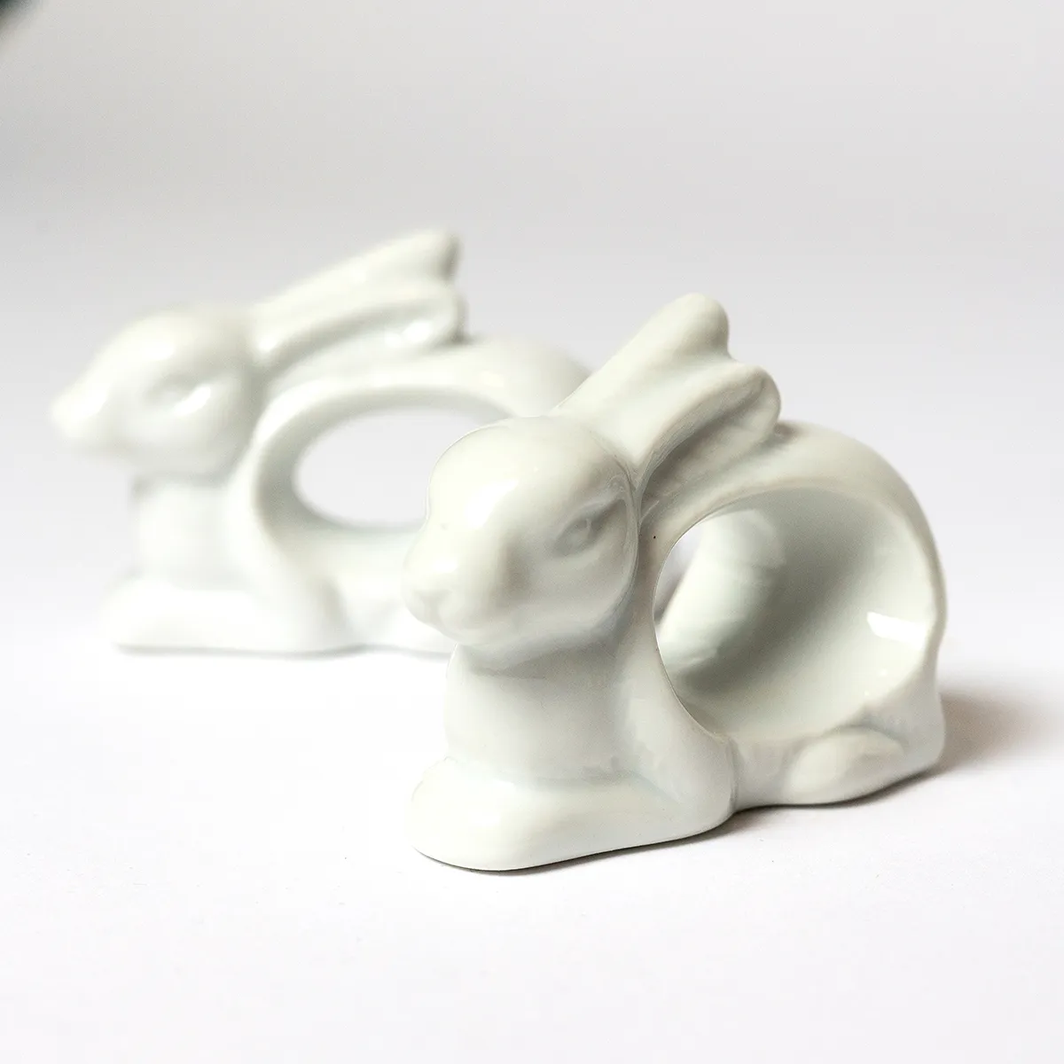 Free Standing seated Easter Bunny Rabbits, Napkin Rings Holders White Ceramic. Easter or Spring Luncheon. 
