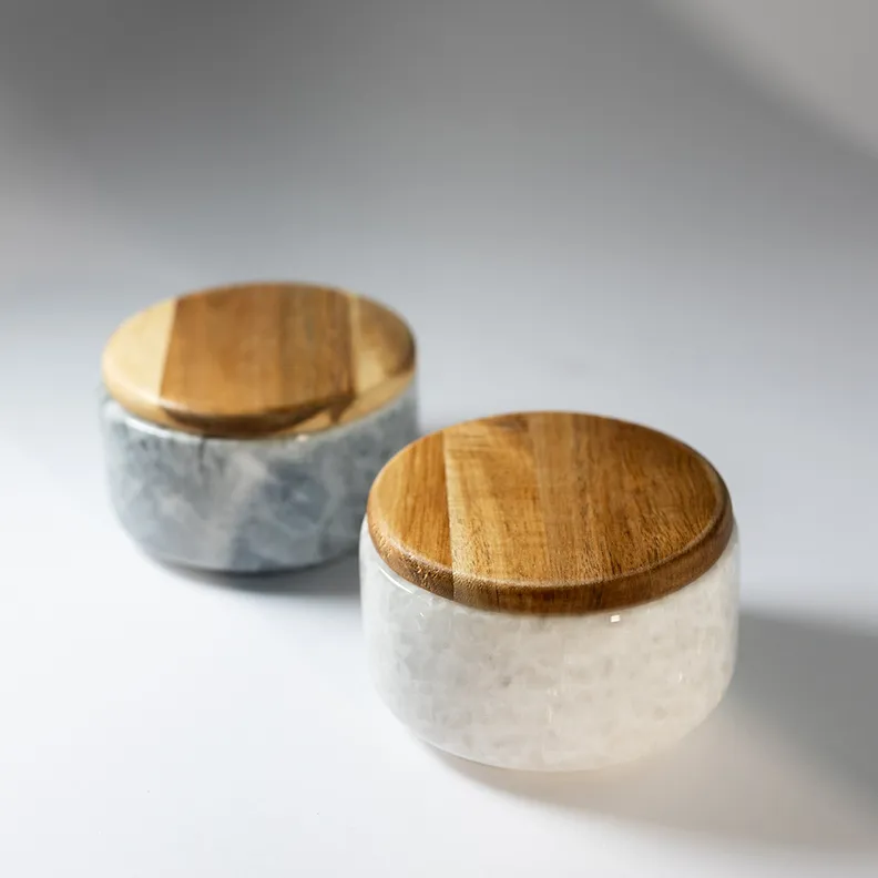 Pair of Marble Salt Pigs with Wound Wood Lid, Stone Photography Riser