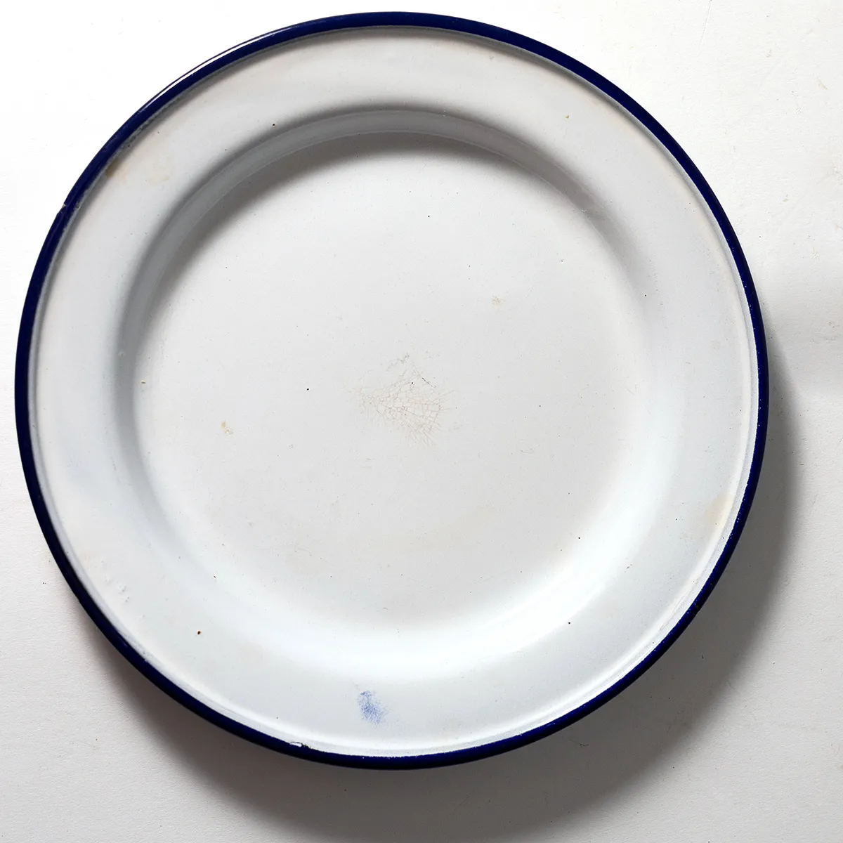 White Enamelware Salad PLate with Blue Rim