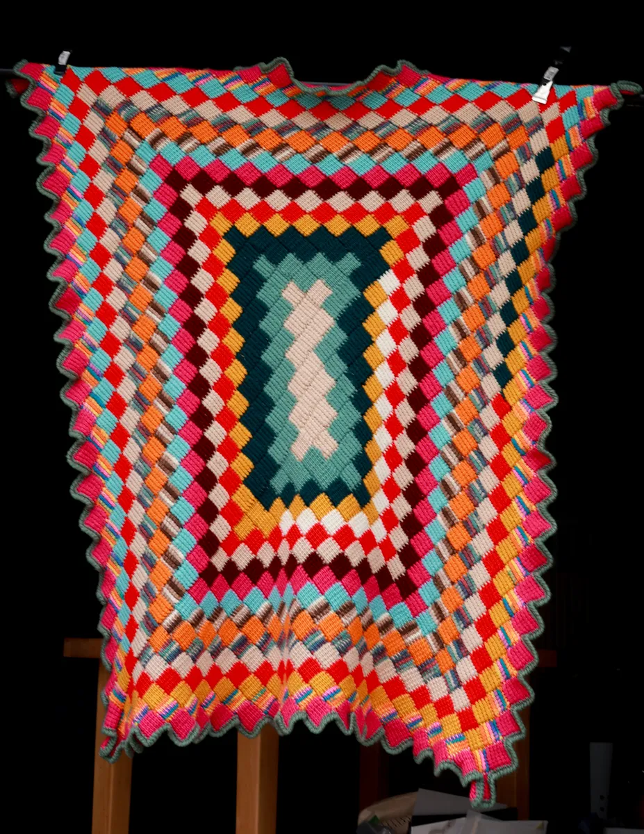 Vintage Handmade Colorful Diamond Crochet Granny Lap Blanket