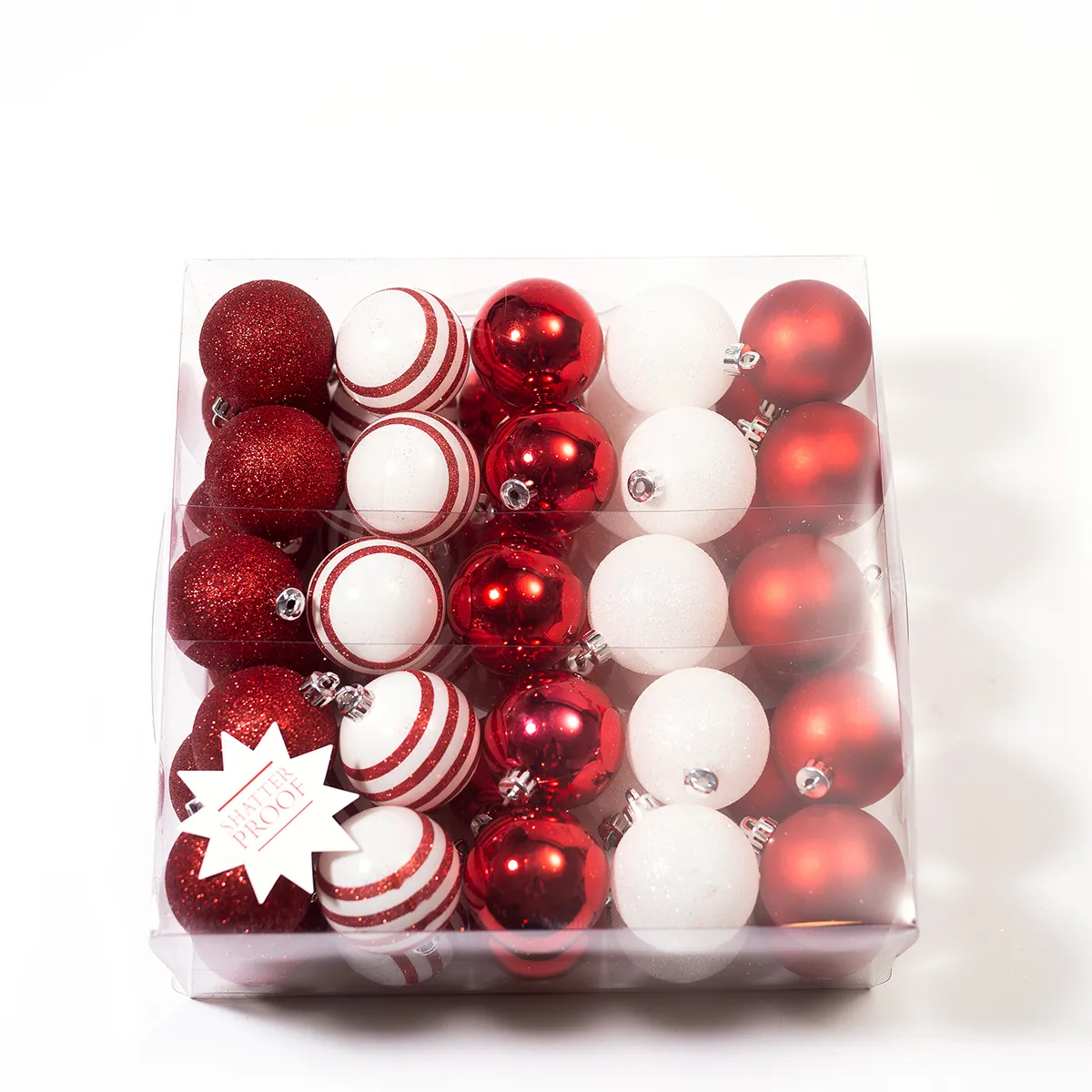 Variations on red and white 25 plastic bulbs Shiny, Glitter, striped, matte shine Christmas Tree ornament