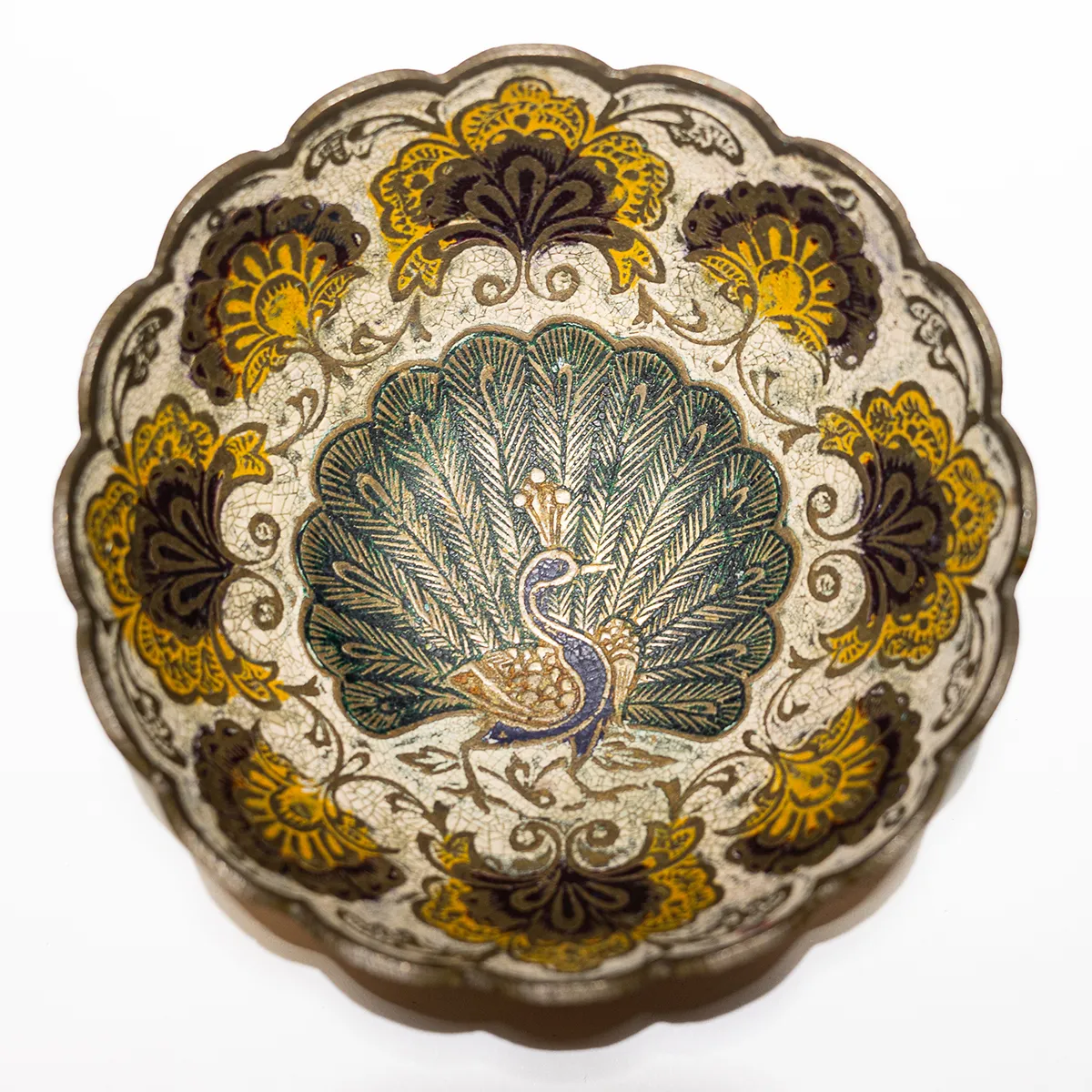 Vintage Solid Enameled Brass Footed Bowl Dish Peacock Floral