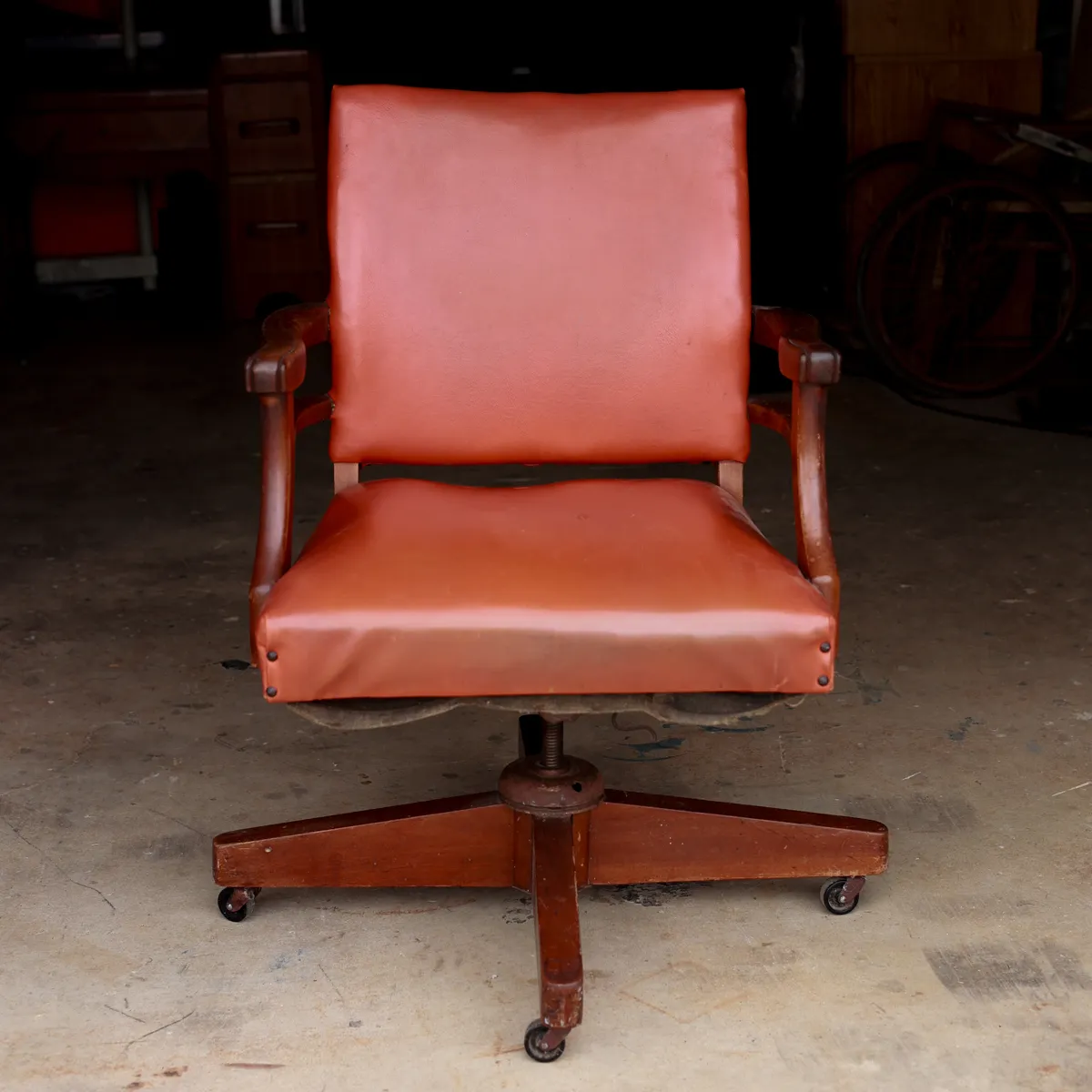 Mid-Century Orange Leather Executive Swivel Office Chair