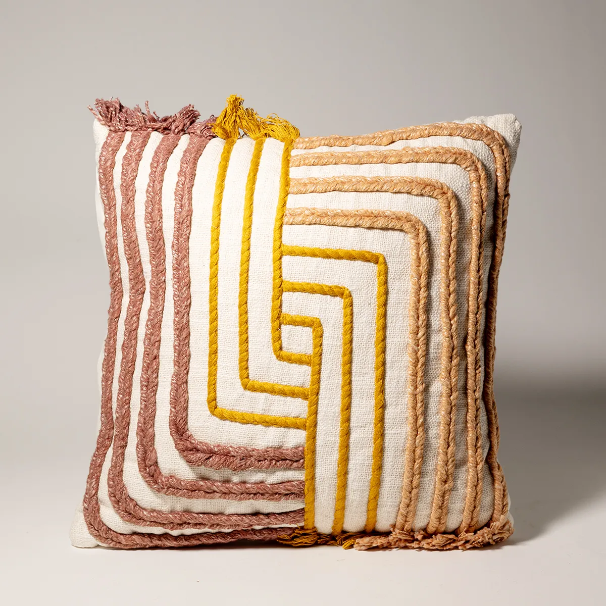 Pillow: Cream Open Weave with Geometric Corded Embellishment in Orange and Mauve