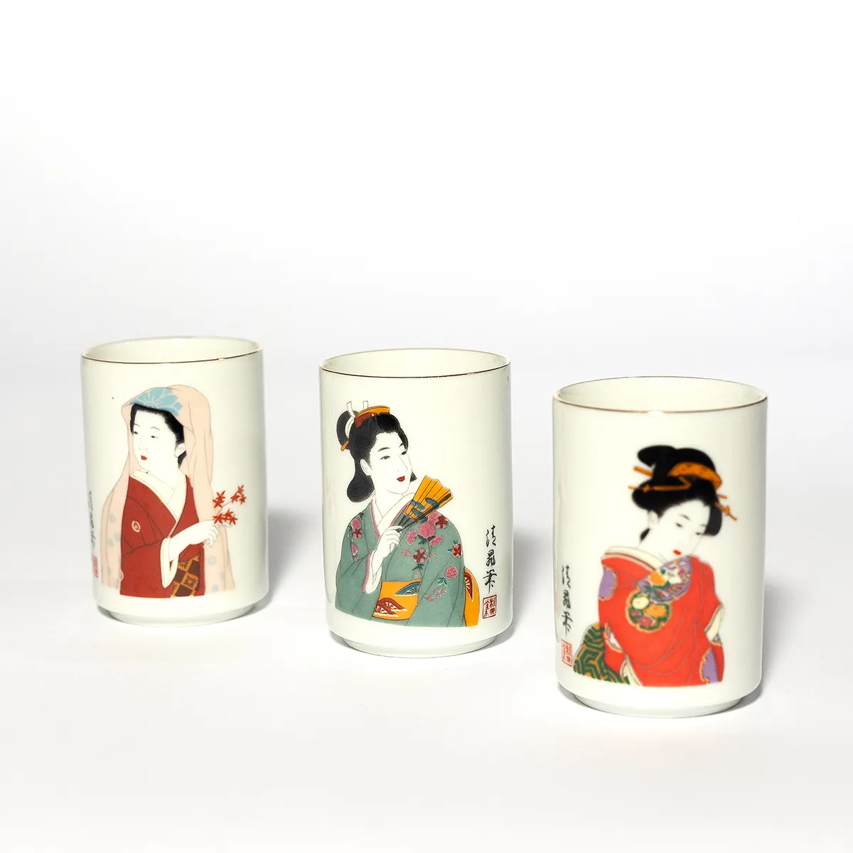 Asian Tea Wine Sake Cups White with different Japanese Geishas printed on the side - 3.25" x 2.25"