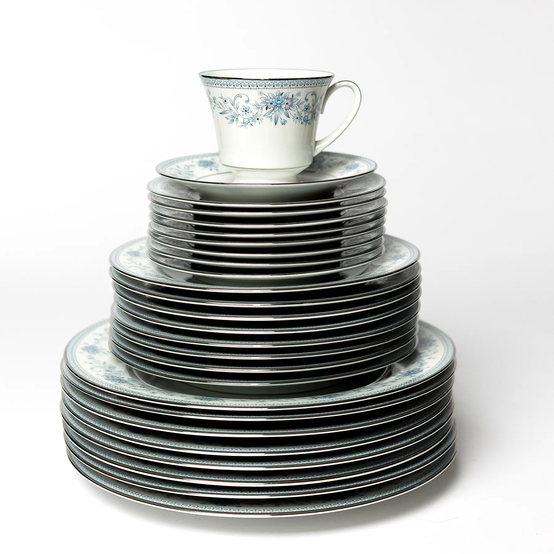 Noritake Plate Blue Hill Pattern Contemporary Blue Hill Pattern Blue flowers with Silver painted Rim Cup and Saucer - saucer 6" cup 3.5" x 3"