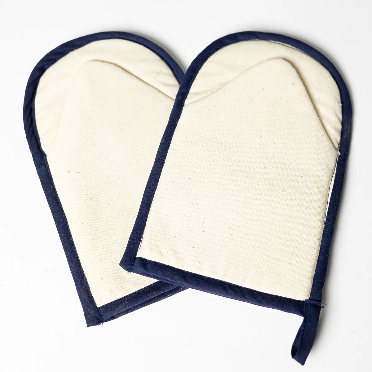 Simple off white and blue edging oven mitts