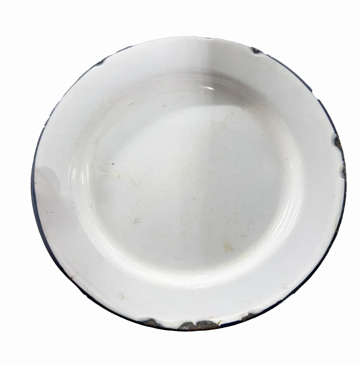 Vintage Rustic White Enamelware Salad Plate with Black Rim
