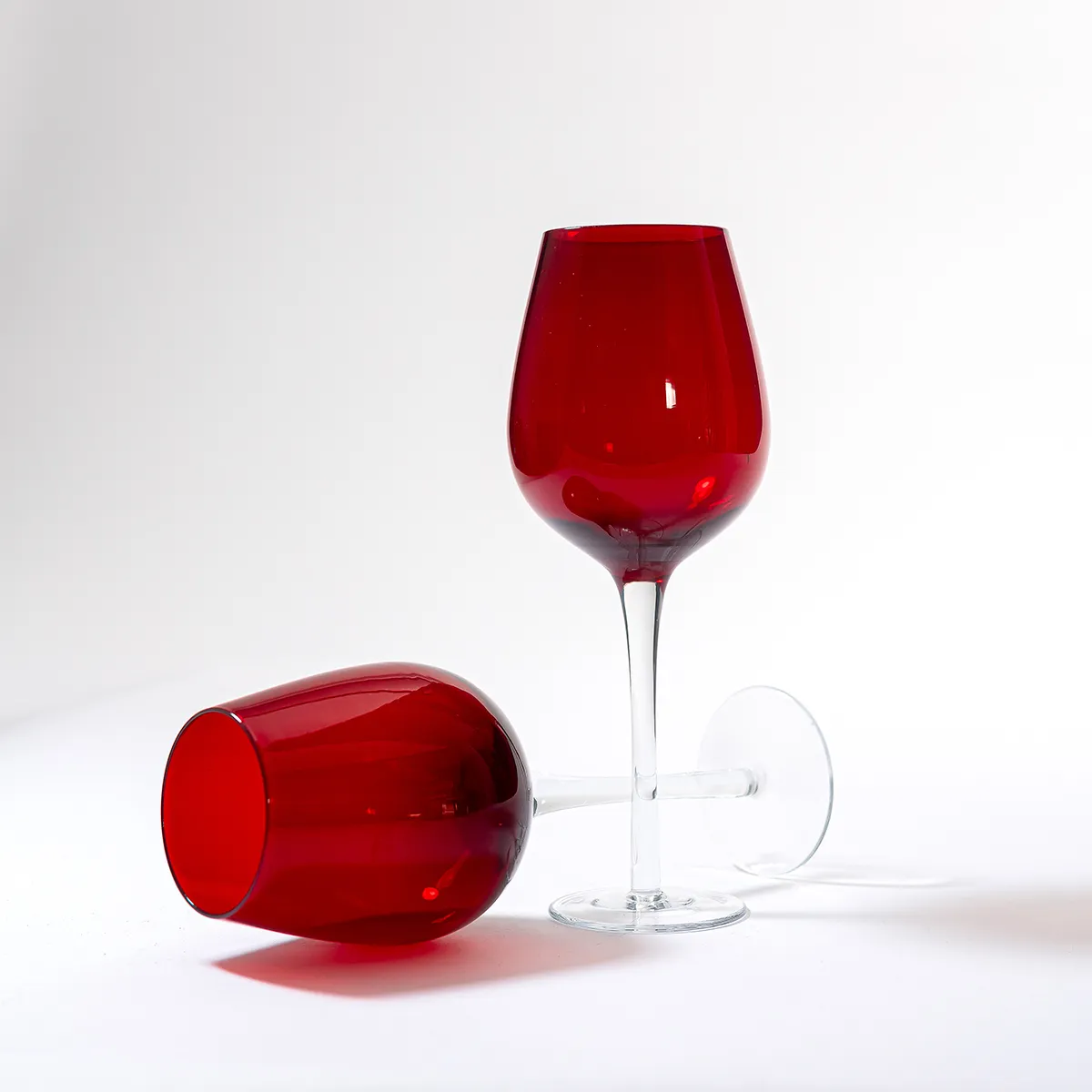 Vintage Oversized Ruby Red Wine Glass Water Goblets with clear stems 