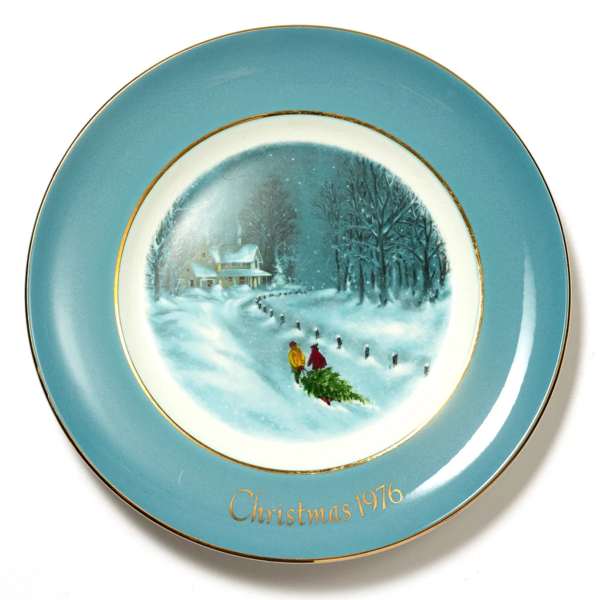 1976 Christmas Plate winter scene blue rim with gold edge - 9" x 1" 