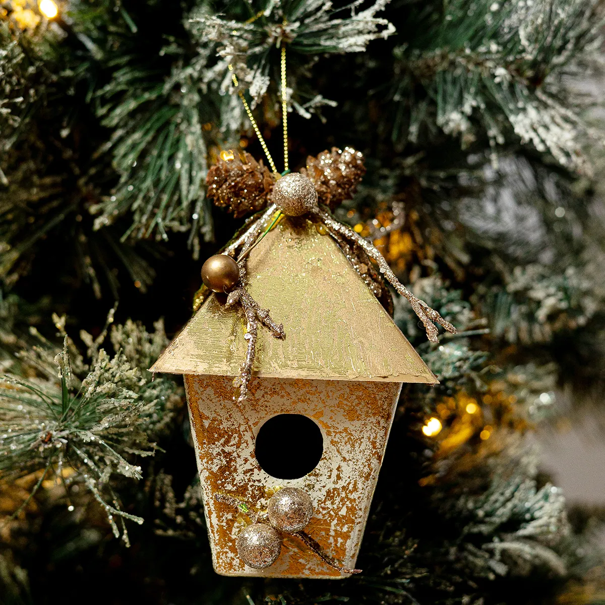 Gold Bird House Christmas Tree Ornament