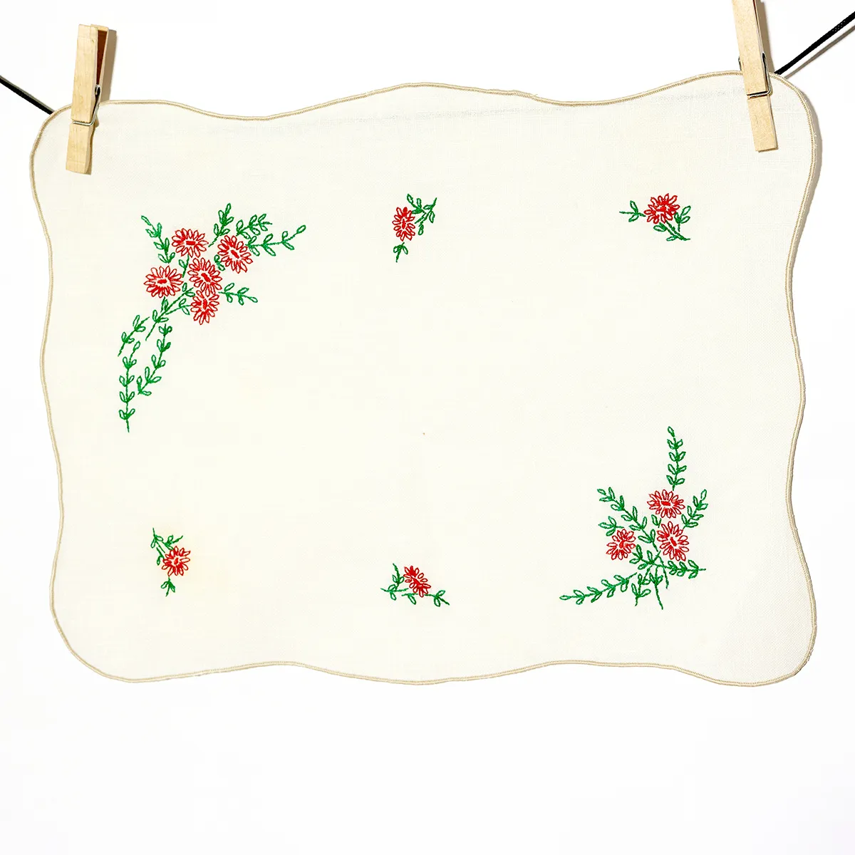 Kitchen Soft Goods: Hand Embroidered Wavy White PLacemats, vintage, Antique, Granny, Grandma, Red, and Green thread graphic - 15" x 11.5"