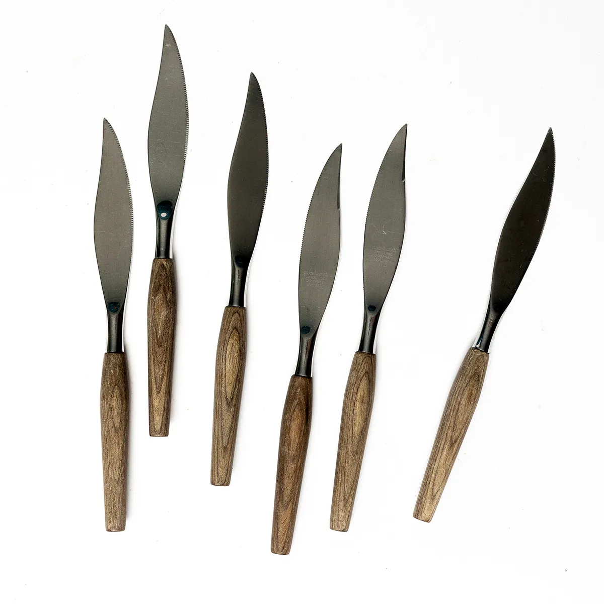 MCM Sheffield England Mode Danish Modern Teak Wood Handled Steak Knives 