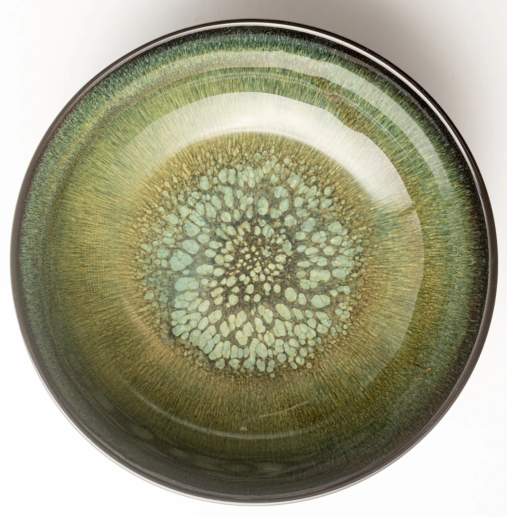 Large Black Stoneware bowl and green blue pain drips in the center - 2.25" x 8"
