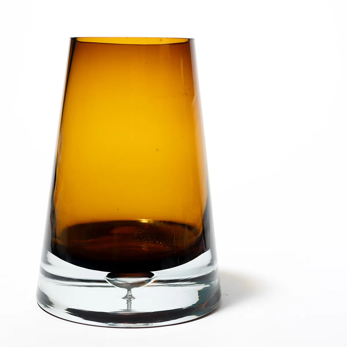 Vintage MCM Amber Vase Hand Blown Italian Glass Tapered Amber Flower Vase with a blown bubble in the base