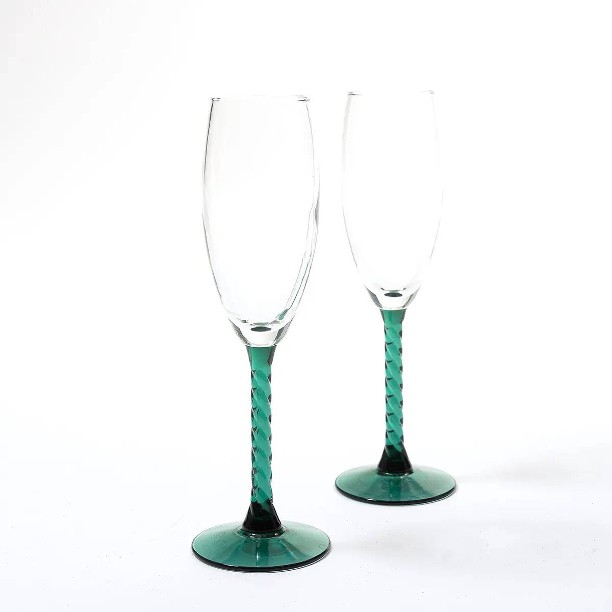 Clear Champagne flute Glass with twist green aqua stem and base - 8.5" x 1.75"