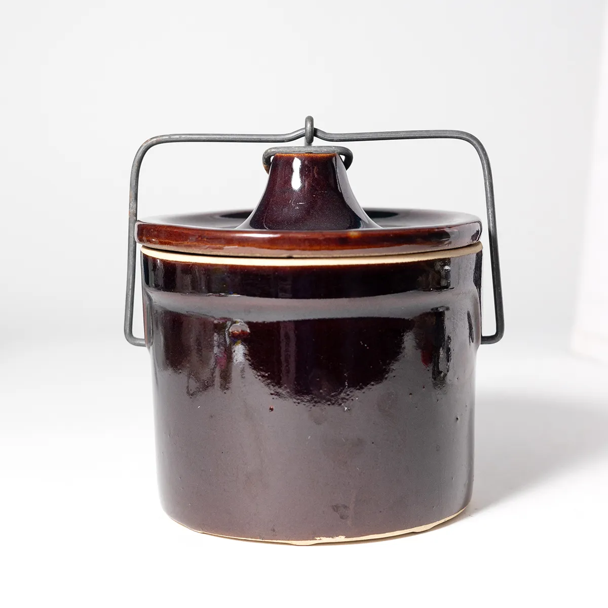 Vintage Brown Glazed Stoneware Crock with Lid & Wire Bale