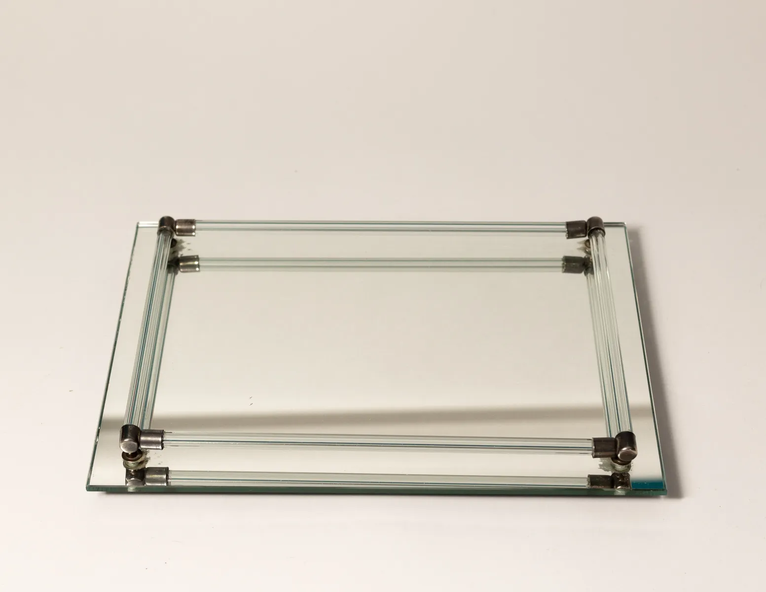 Mirrored Tray with Lucite Rails and Silver Connectors with Patina
