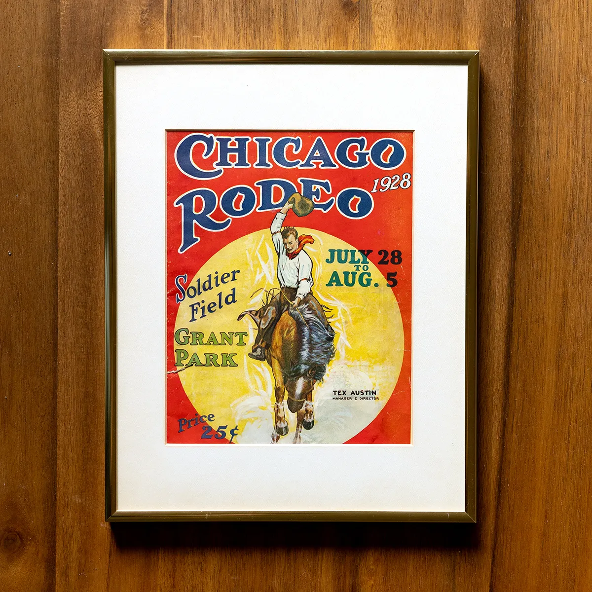1928 Souvenir Program from Rodeo Chicago. Art over 50 years old red and yellow cirlce. gold metal frame