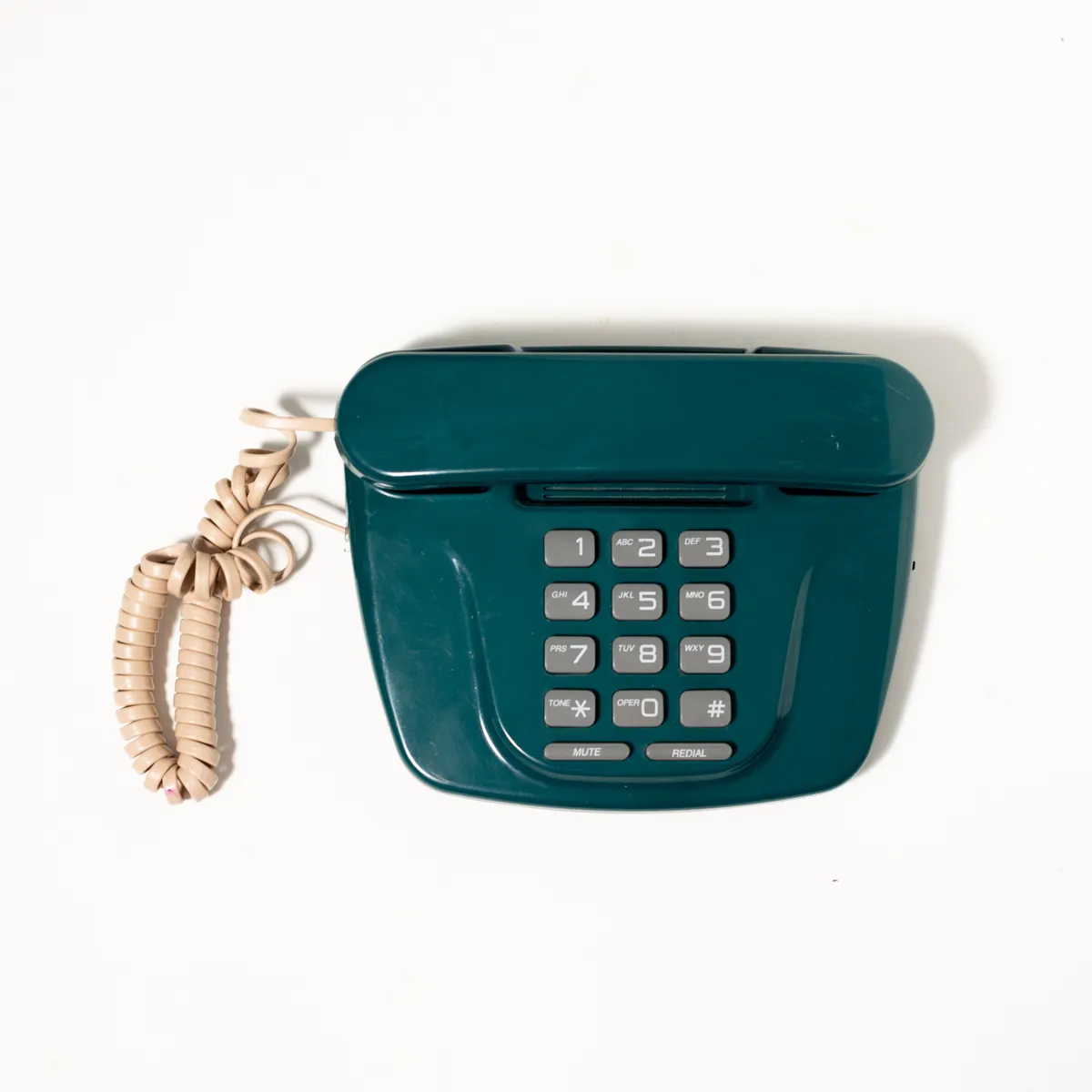 Teal Flat Wide 90s tabletop telephone with gray buttons