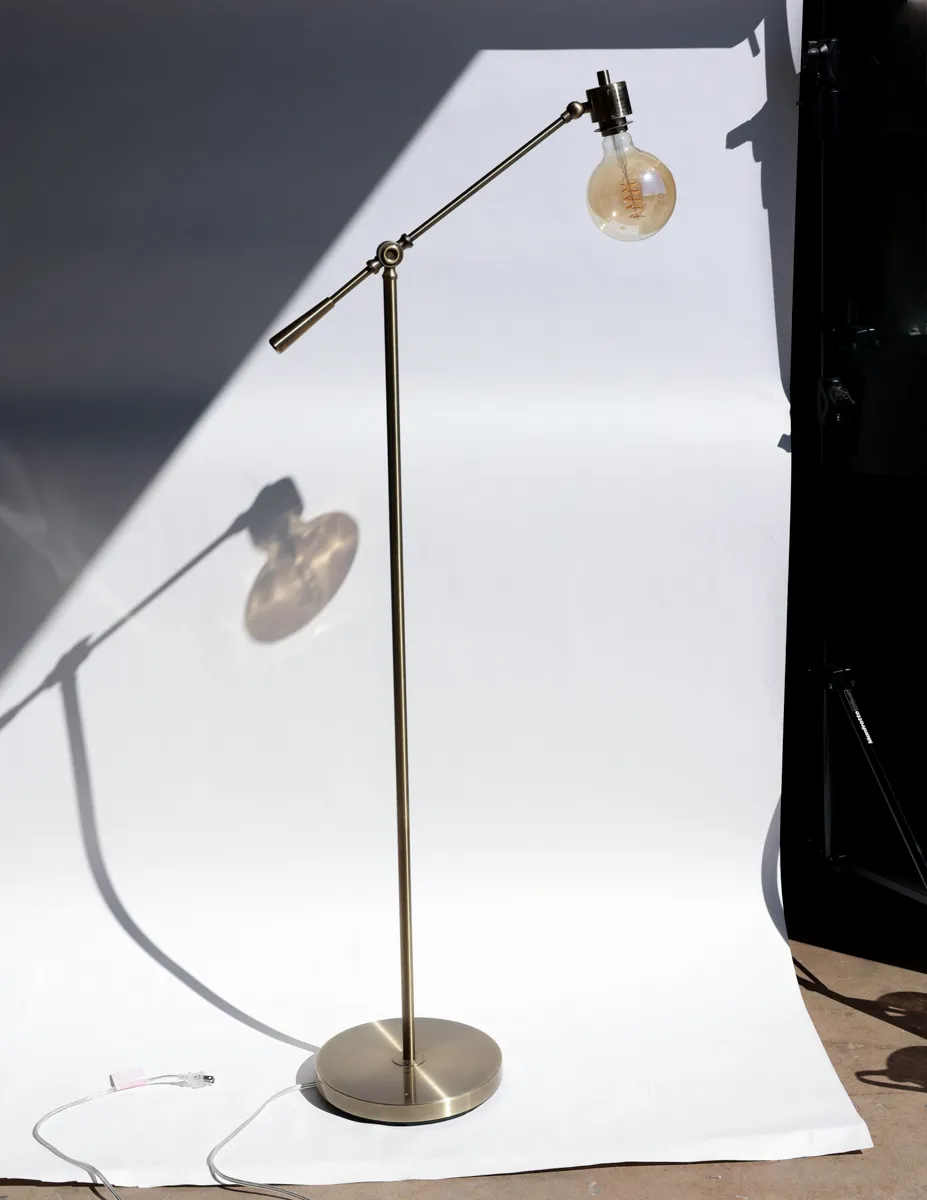 Contemporary Floor Lamp ith Boom Style Extendor Arm, Antique Gold. Large Globe Light Bulb