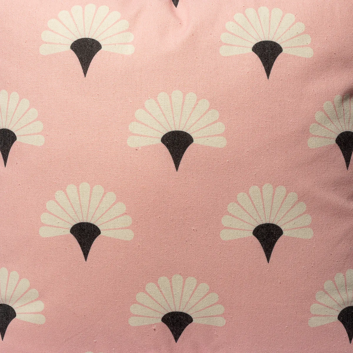 Pink Pillow with repeating off white and black fan shapes - 16"