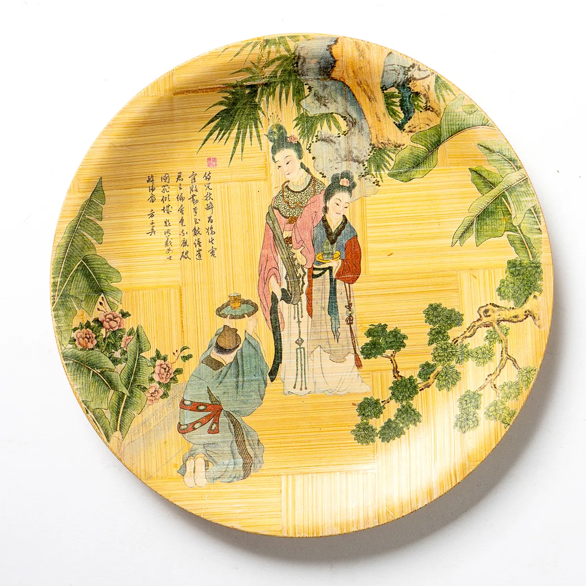 2 Vintage Hand Painted Asian Bamboo Dinner Plates