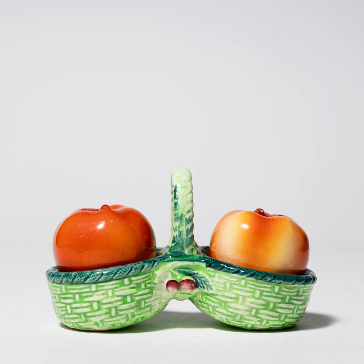 Vintage Ceramic Salt and Pepper Set Red Apples In A Green Basket