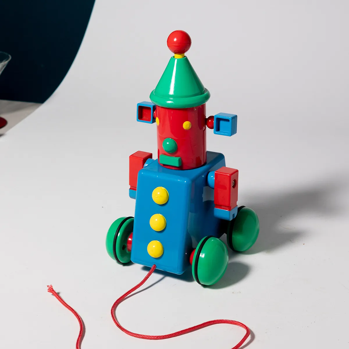 Children, Kids, Toddler, Colorful Robot Pull Toy Blue, Red, Yellow, Green with red pull string