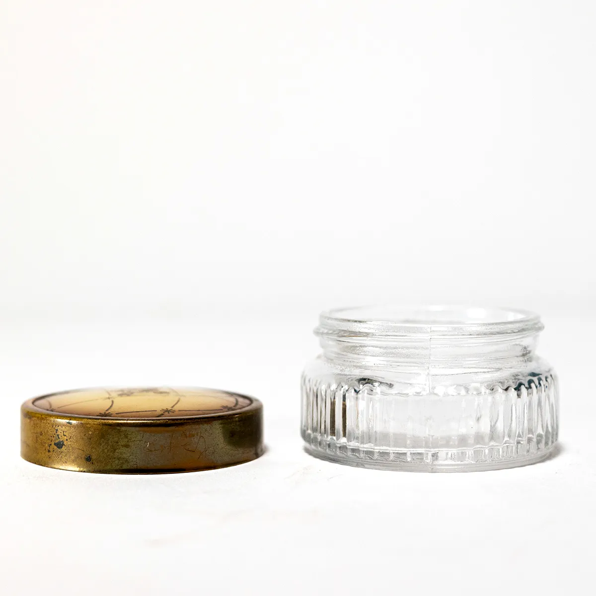 VINTAGE GLASS GUILLOCHE BRASS LIDS VANITY POWDER JAR
