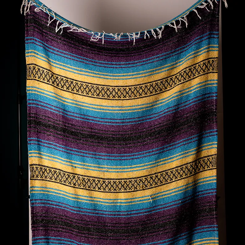 Yellow, Purple, Blue, Black, Mexican Hand Woven Blanket Throw with fringe - 4' x 6'