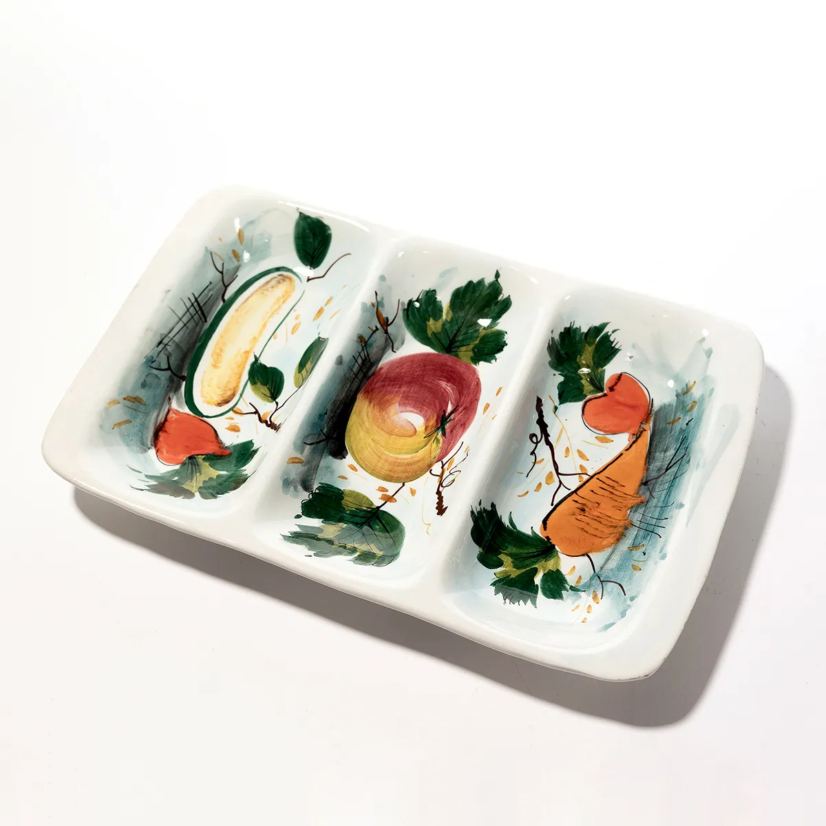 Rectangle 3 Section Platter Hand Painted with Painted Vegetables Made in Italy - 