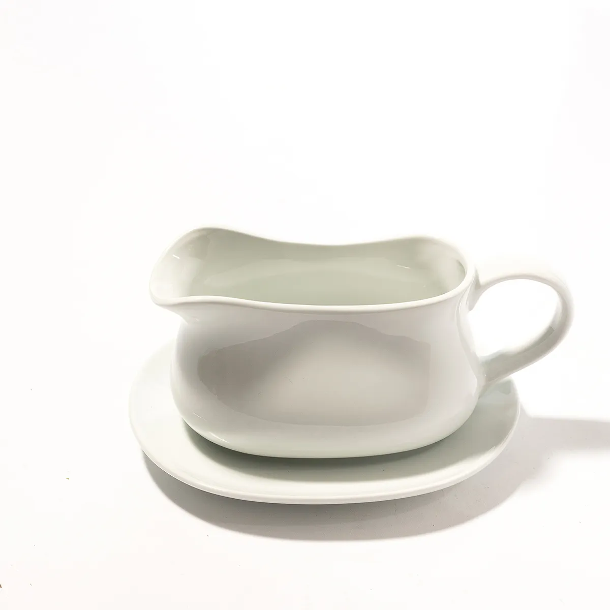 White Ceramic Square Shape Long Gravy Boat with Saucer - 7.5" x 4.25"