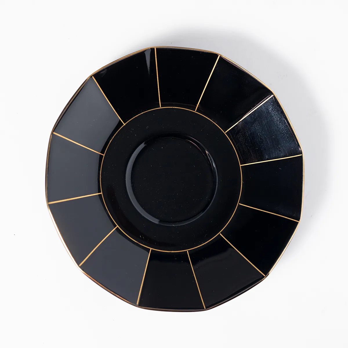 Mikasa Midnight Black 12 sided Saucer with Gold Trim Art Deco, Tea Party, Cupcake sized