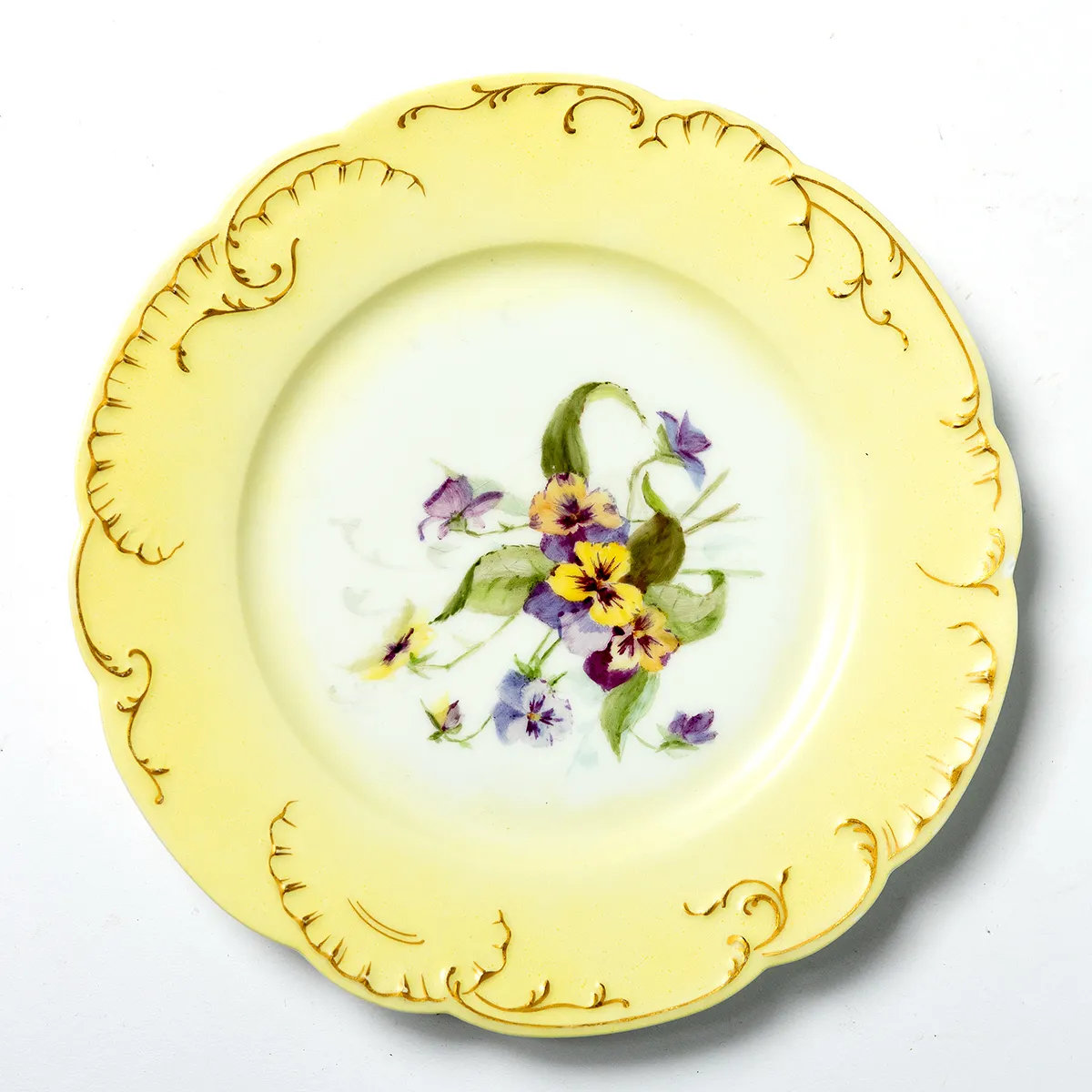 Baby Yellow Limoges Dish with hand painted purple and yellow flowers on the center with hand painted gold detailed trim