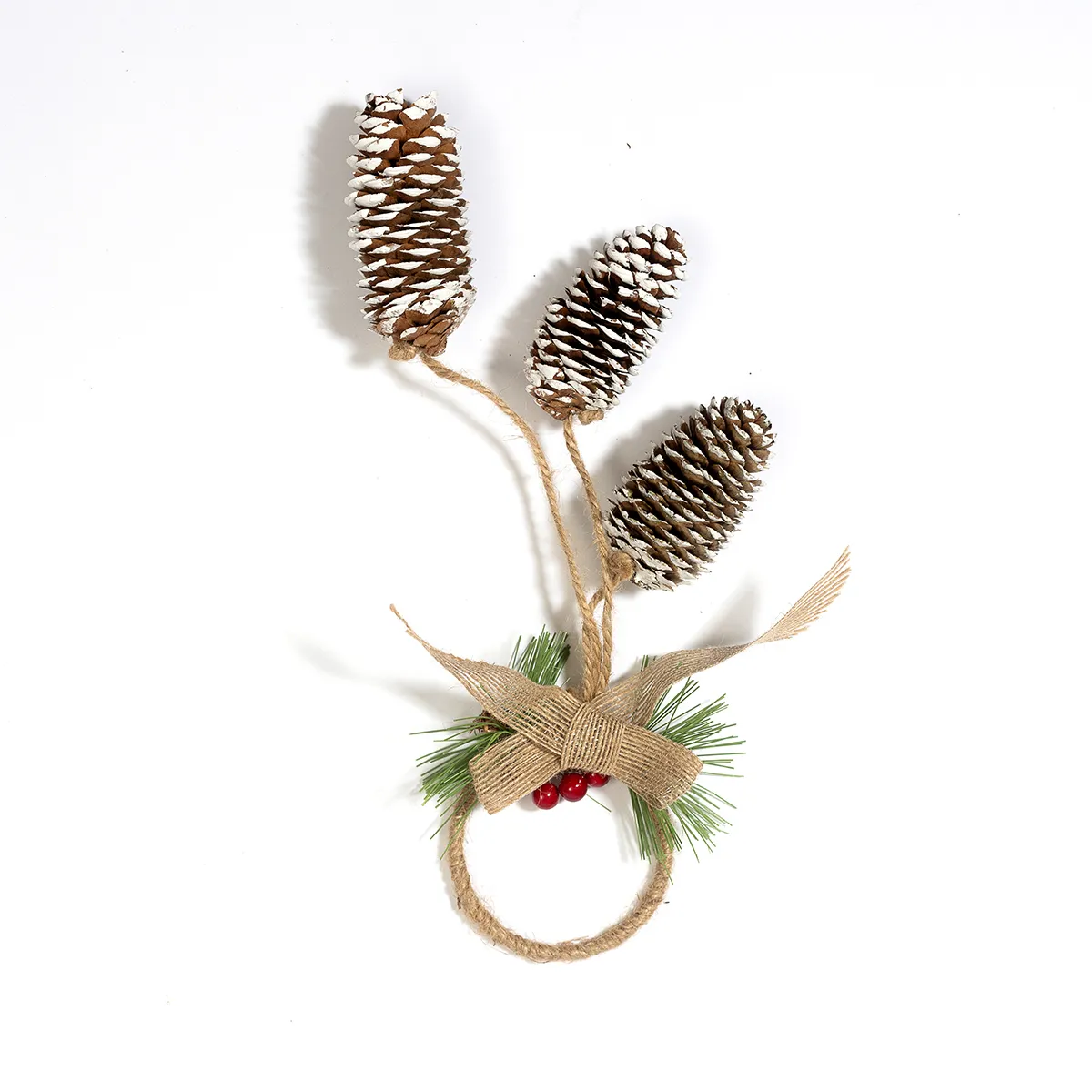Christmas Door Hanger White frosted pine cones on twine Green and Red - 12" x 3"
