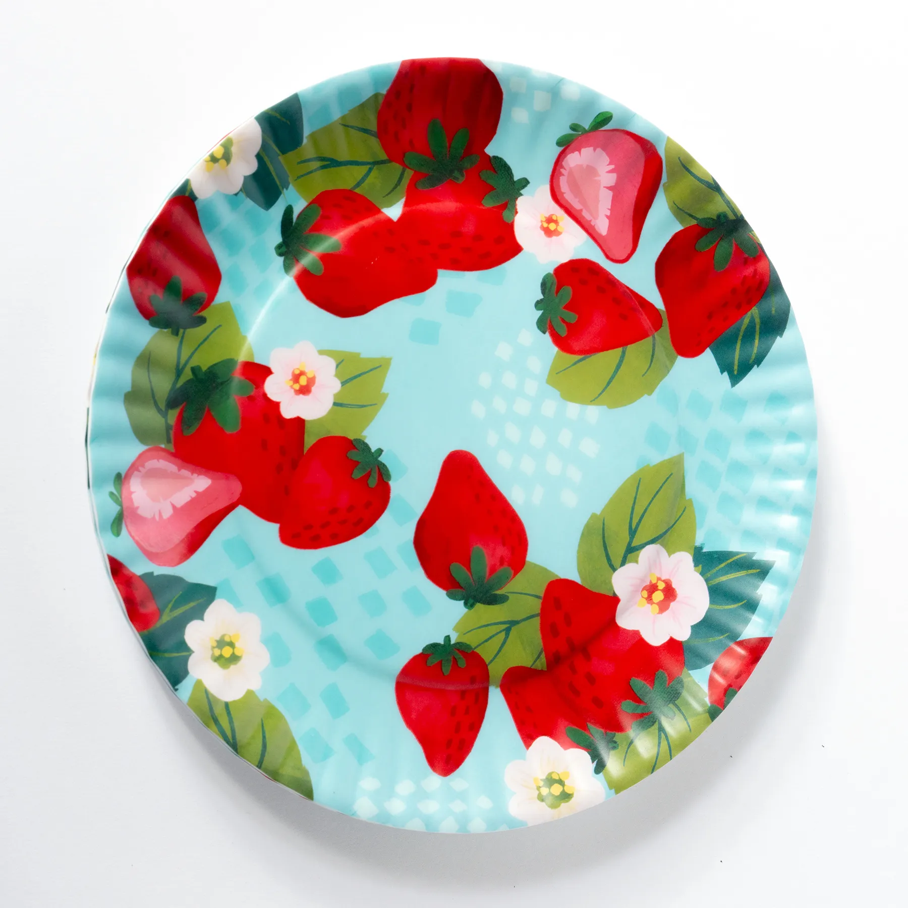 Plastic dishes that look like colorful paper plates Watermelon, Oranges, Strawberries 8"