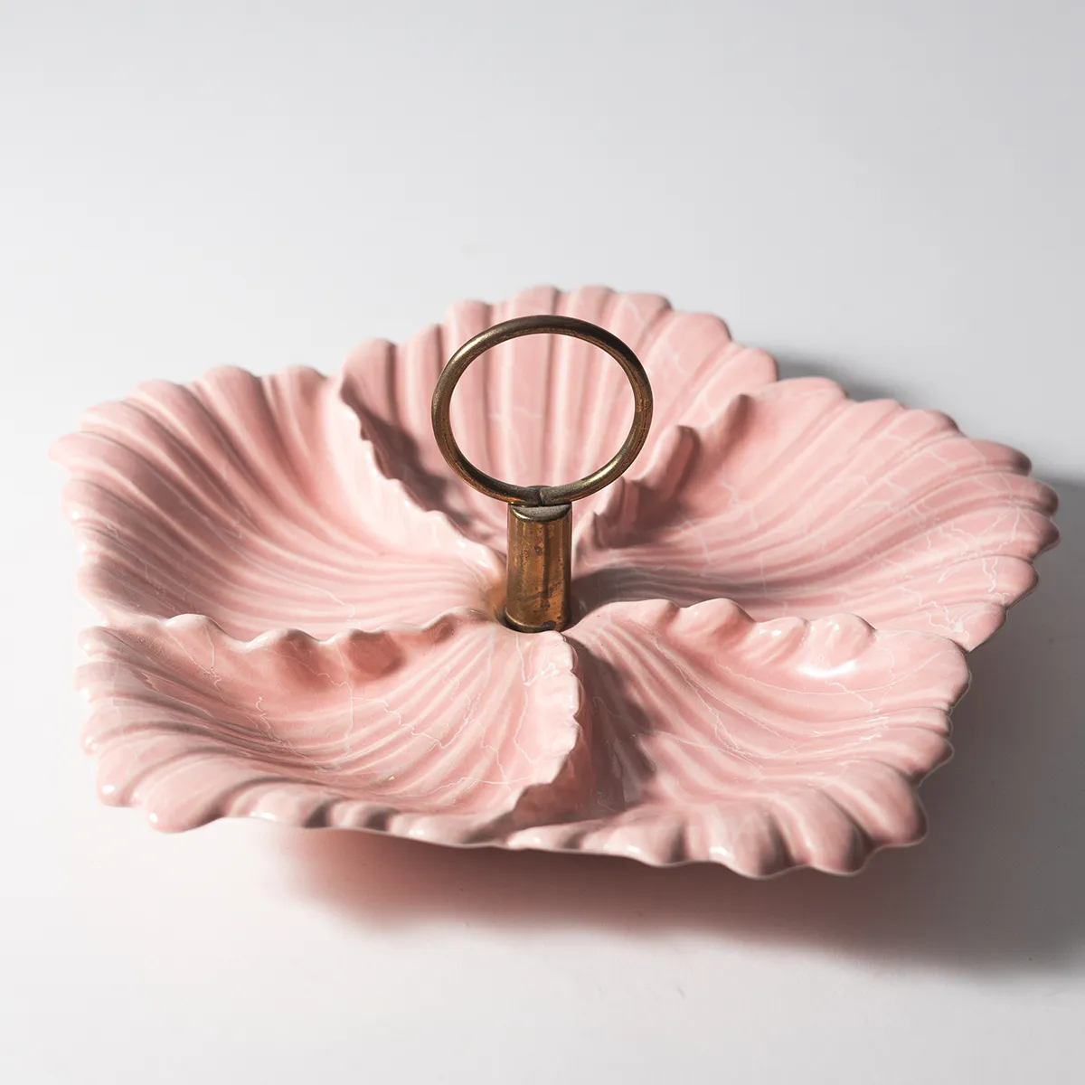 Pale Pink Divided Serving Dish with Round Brass Handle in the center. tea party
