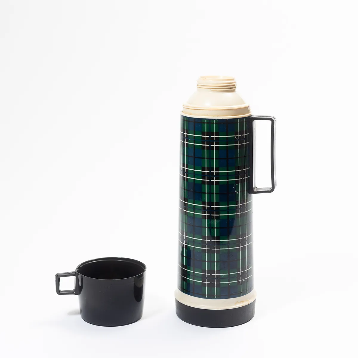 Green Blue and Black Plaid Thermos for camping. Masculine - 12.5" x 4.25"