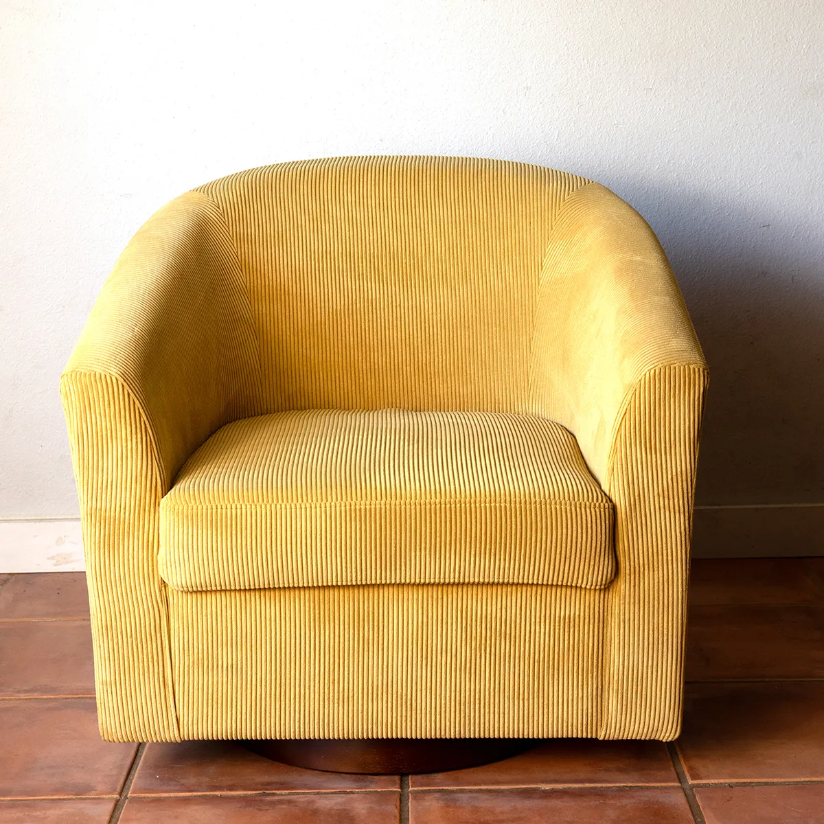 Pale Yellow Corduroy swivel barrel chair