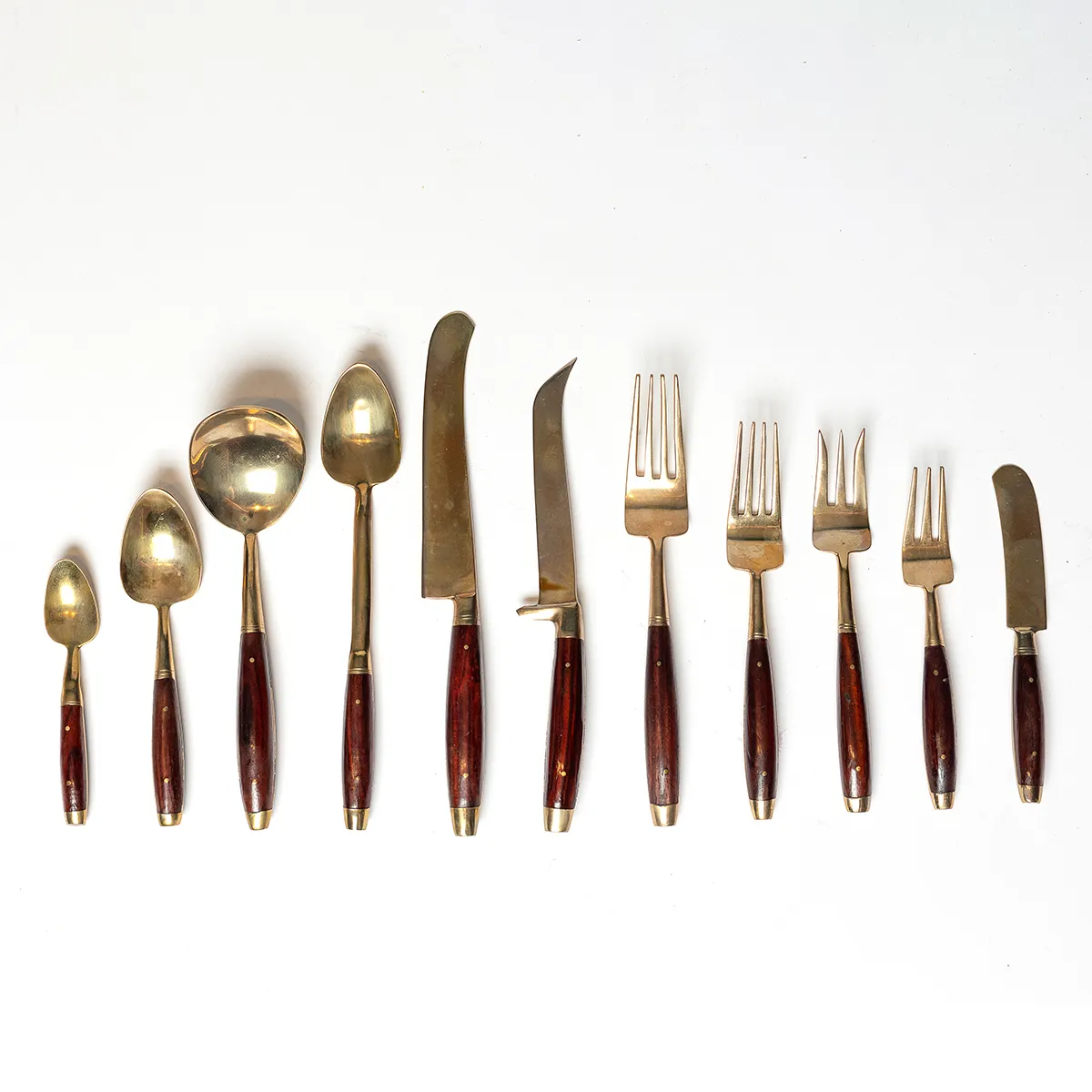 Mid Century MCM Thai Bronze and Teak Silverware 12 piece place setting, includes, butter knife, dinner and salad forks, Ice tea, Soup and Demitasse Spoons