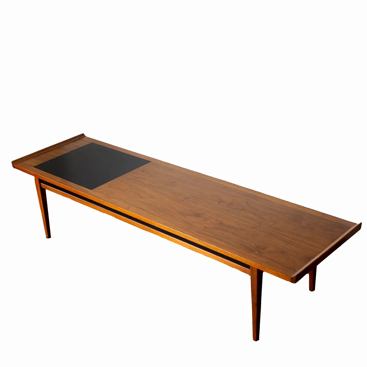 Long Walnut Vintage Mid Century Coffee Table With a Square Vinyl Inlay