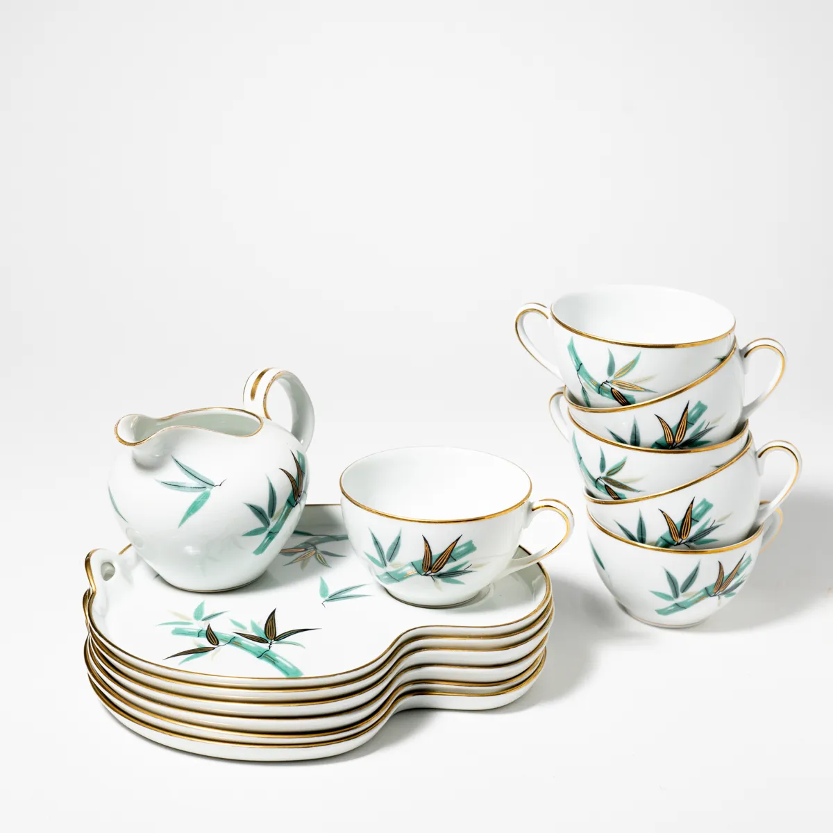 Asian inspired tea set White with hand painted bamboo, Cup and snack plate with handle