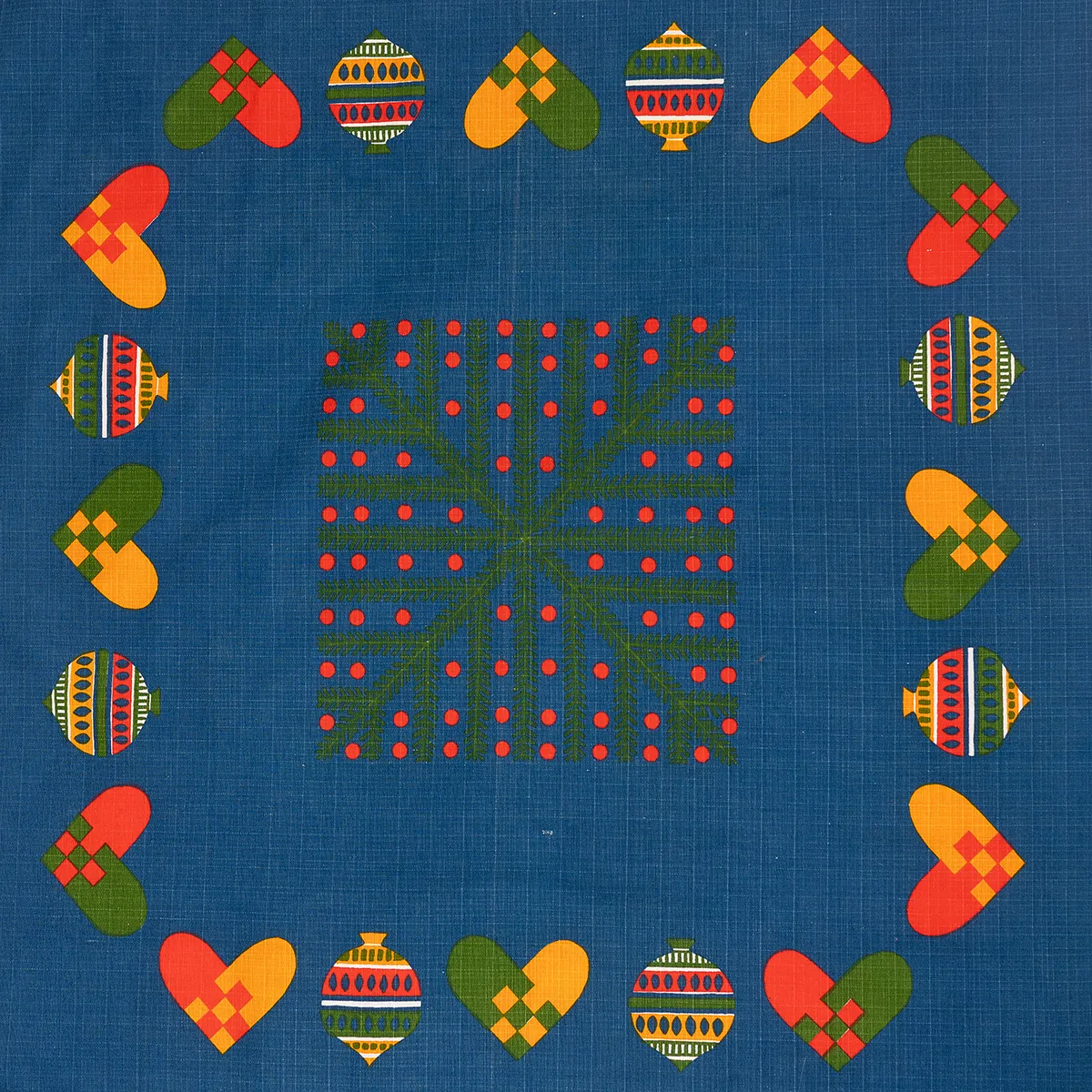Mid Century Swedish Christmas Tablecloth red, green, blue, orange, square, heart and christmas bulb shaped prints -  35.75" X 34"