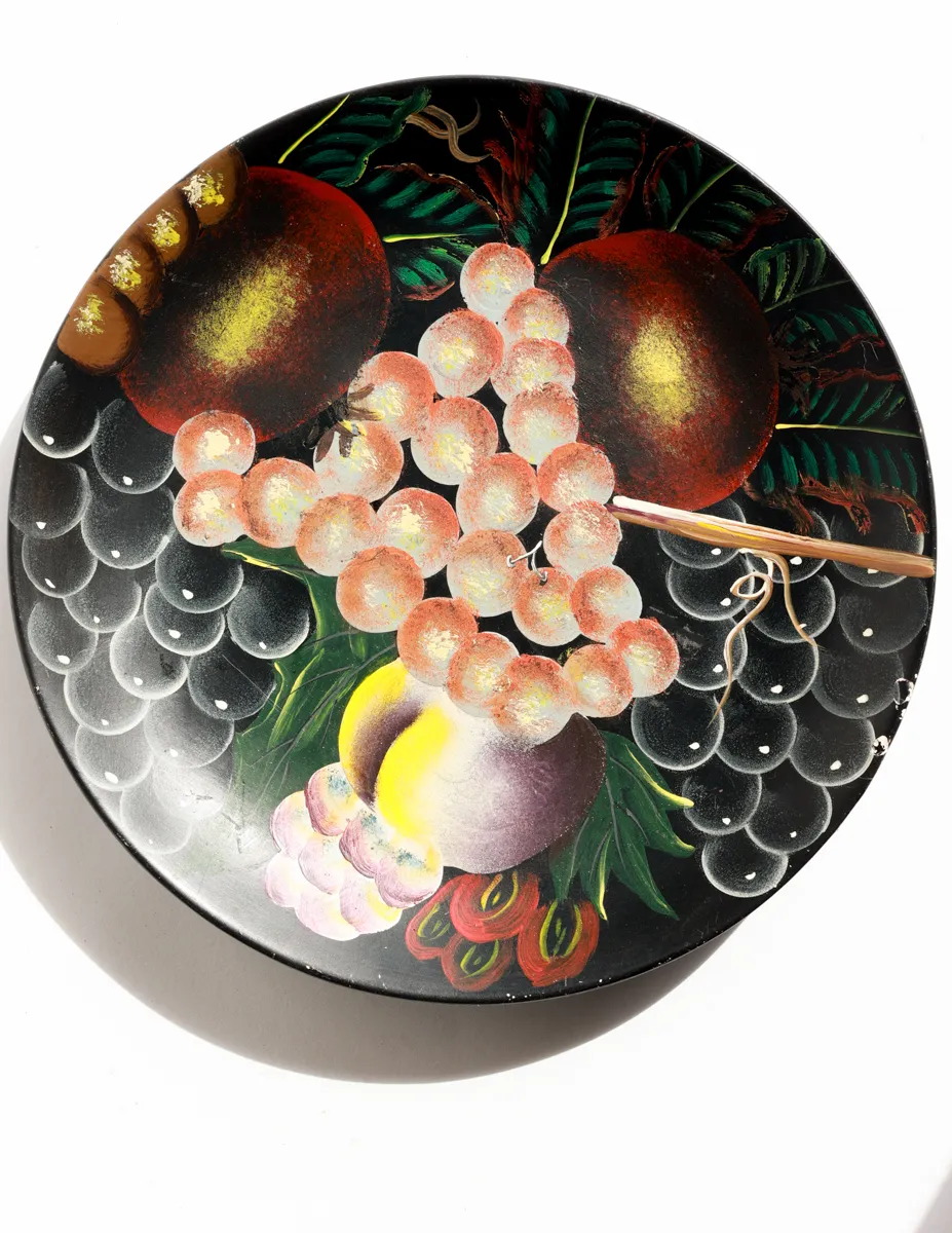 Black Serving Plate with Bountiful Painted Fruit