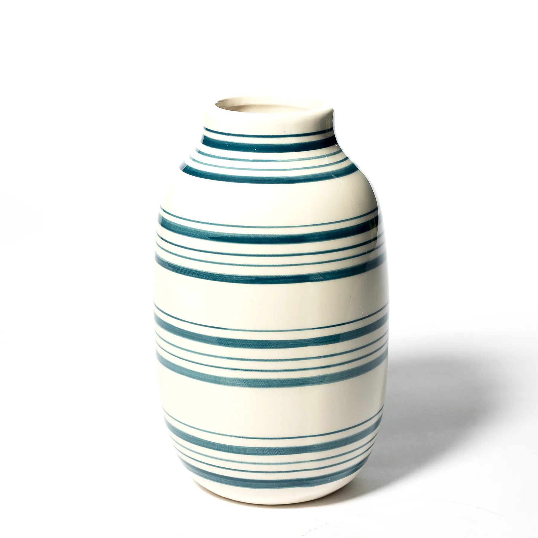 Blue and White Striped Ceramic Pottery Glazed Vase Country Modern - 9" x 5"